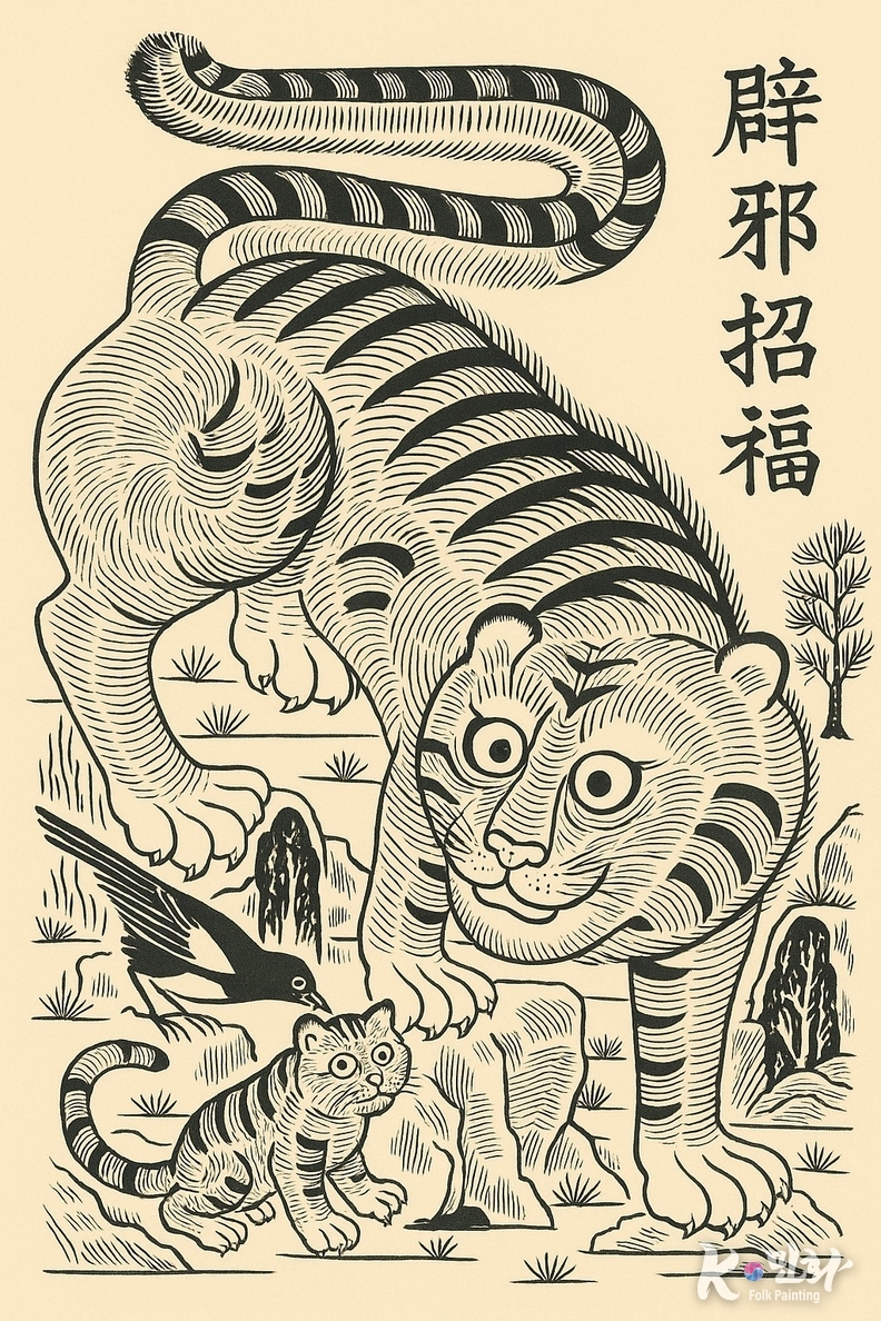 「辟邪招福虎圖벽사초복호도」 담화총사 作 | 이 작품은 악귀를 물리치고 복을 부른다는 뜻의 ‘辟邪招福벽사초복’이라는 글귀처럼, 전통 민화의 상징성과 불교적 길상 의미를 함께 담아낸 호랑이 그림이다. 크게 눈을 뜨고 꼿꼿이 선 호랑이는 가정을 지키는 수호신의 기운을 상징하며, 곁의 새끼호랑이와 까치는 평화와 생명의 순환을 뜻한다. 검은 먹선의 리듬감 있는 필치와 단순화된 형태는 고전적 민화의 미감을 현대적으로 재해석한 것으로, ‘벽사招-福’의 정신을 현대인의 일상 속에 되살리고자 하는 작가의 의지를 보여준다. ※ 본 작품의 저작권자는 담화총사이며, 임의로 도용·복제·배포할 수 없습니다.