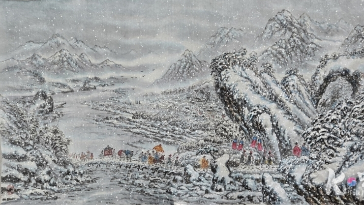 김영민 작가의 "시집가는 날, 설경 속 혼례 행렬"